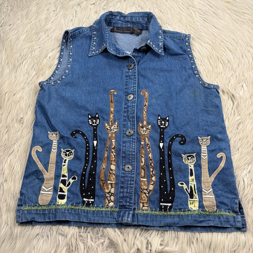 Vintage Life Style Women's PL Cat Motif Embroidered Denim Button Front Vest
